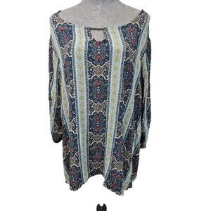 Avenue Womens Boho Tunic Green Floral Gauzey Ruched Tie Sleeves Plus Size 30/32